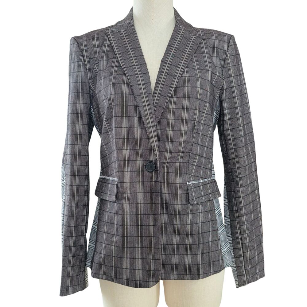 Vera Wang Glen Plaid Blazer Gray Tailored Contrast Panels Career Chic M Office